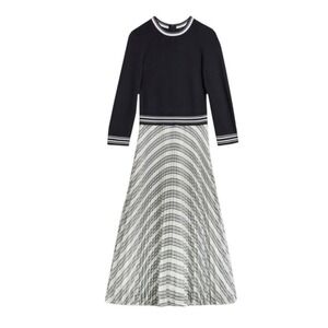 Ted Baker LANTAI Pleated Midi Dress Size 4 Navy White Striped Preppy Sporty Luxe
